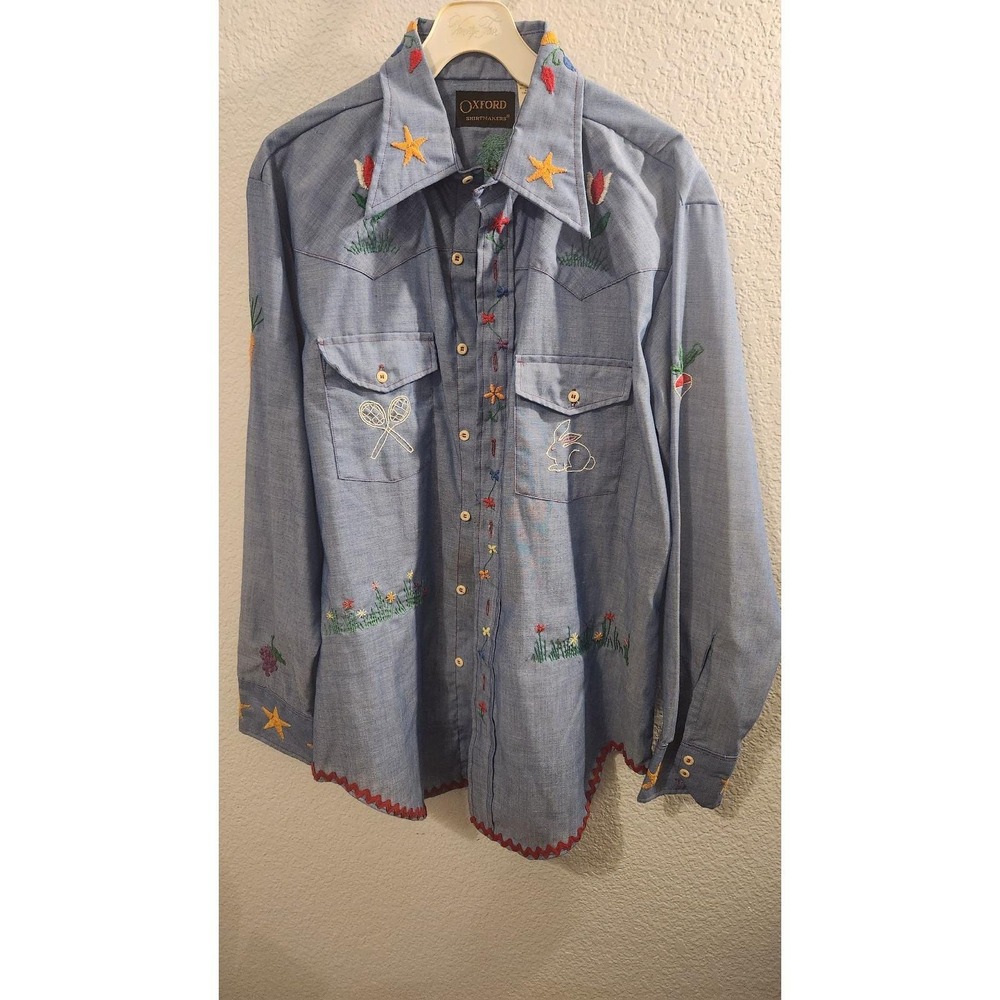 Vintage 70s women's large Oxford Chambray embroidered top lightweight‎ cotton